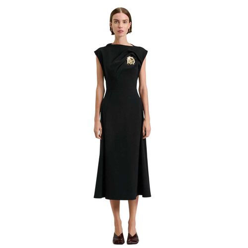 Veronika Maine Stretch Crepe Flower Brooch Midi Dress